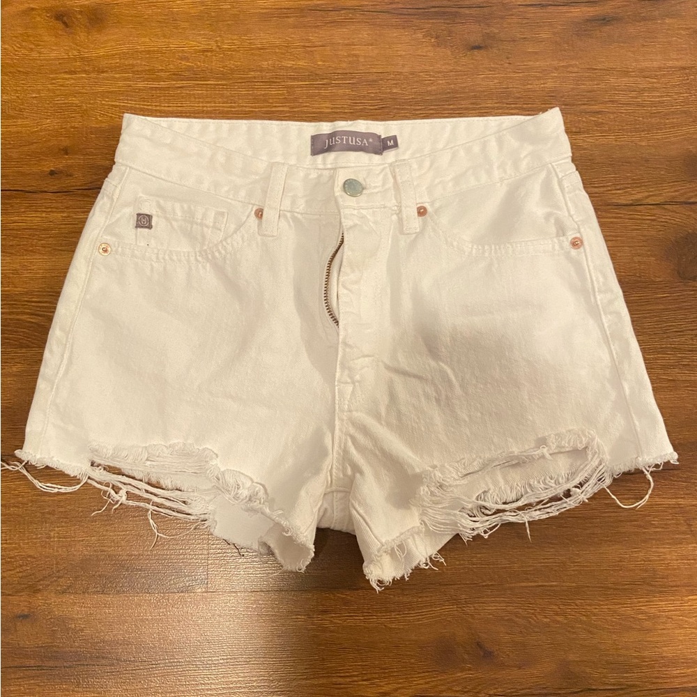 White Denim high rise cut off shorts